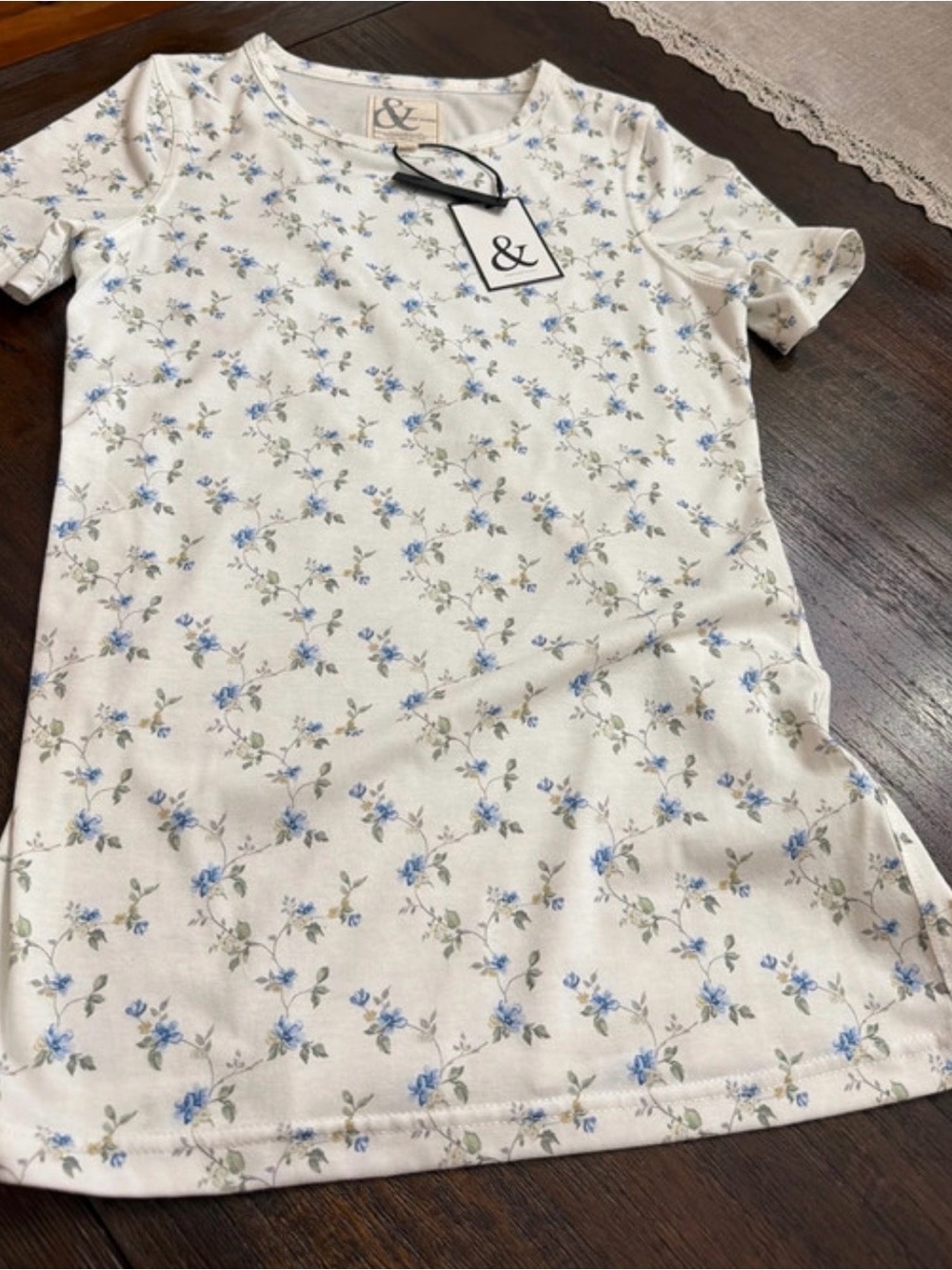 Ampersand Ave Cream Tee with Blue Floral Print